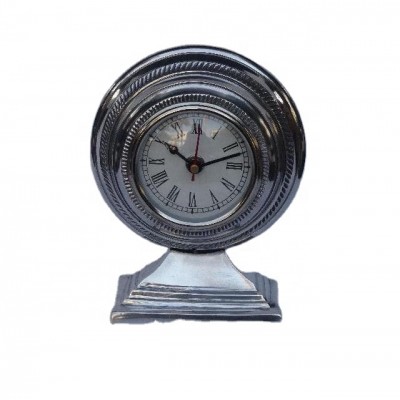 Round stepped effect cast Aluminium table clock on oval base available in other finishes available